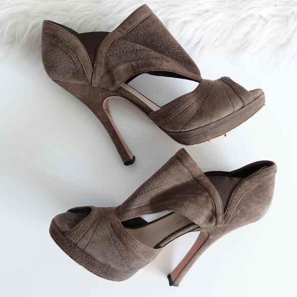 Prada Grey Suede Peep Toe Platform Pumps - Picture 2 of 15